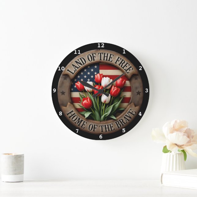 Reloj de pared patriótico con flores de tulipán (Hogar)