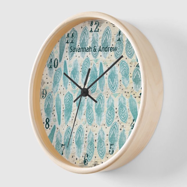 Reloj De Pared Patrón Boho Bohemian de pluma Verde azulada altera (Ángulo)