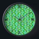 Reloj De Pared Patrón de fondo Art Deco, verde jade<br><div class="desc">Modalidades geométricas de fondo Art Déco en tonos turquesa,  azul y verde pálido sobre un fondo verde de jade profundo</div>