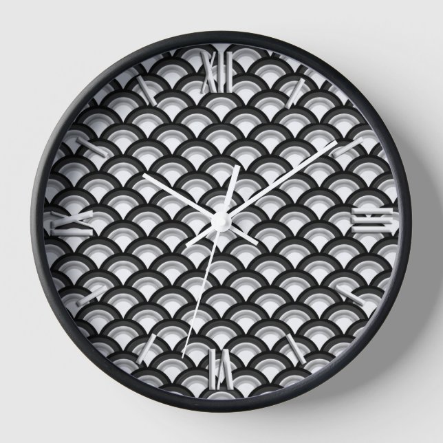 Reloj De Pared Patrón de ondas Art Deco - blanco y negro (Anverso)