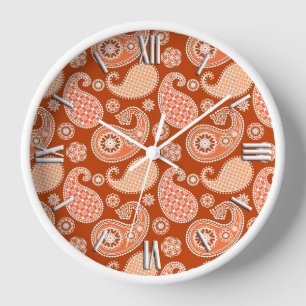 Reloj De Pared patrón de paisley, naranja mandarina y blanco