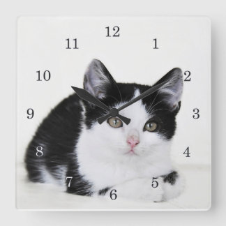 Reloj de pared pensativo blanco negro del gatito