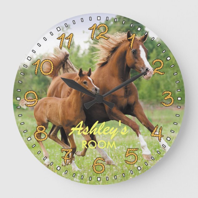 Reloj de pared personalizable de caballos y comida (Anverso)