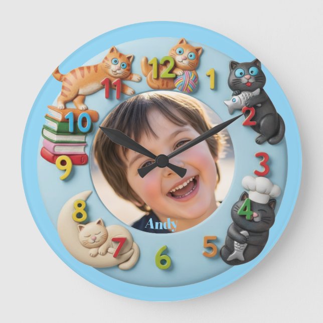 Reloj de pared personalizable para niños con gatos (Anverso)