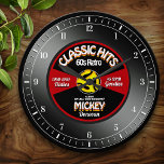 Reloj de pared personalizado de 45 vinyl retro<br><div class="desc">Fun,  personalizado de música retro personalizado. Excepto los números,  todo el texto de este diseño está en un formulario de plantilla. Cambia todo el texto o deja algunos como está,  para el perfecto regalo personalizado,  retro 45 vinilo record música amante!</div>