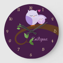 Reloj de pared personalizado de búhos morados