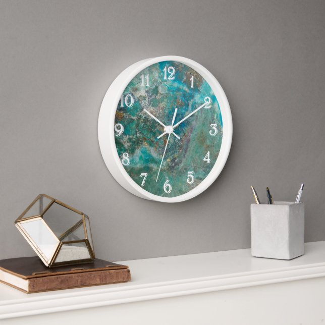 Reloj De Pared Piedra mineral de crisocolla azul con números blan (Oficina)