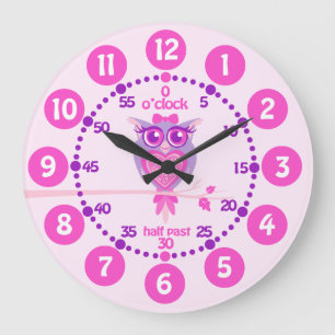 Reloj de pared púrpura de búho rosado para niños