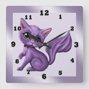 Reloj de pared púrpura del cuadrado del gatito