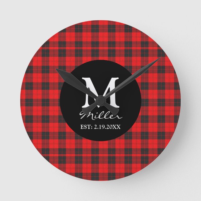 Reloj de pared redonda de búfalo rojo monogramo (Anverso)