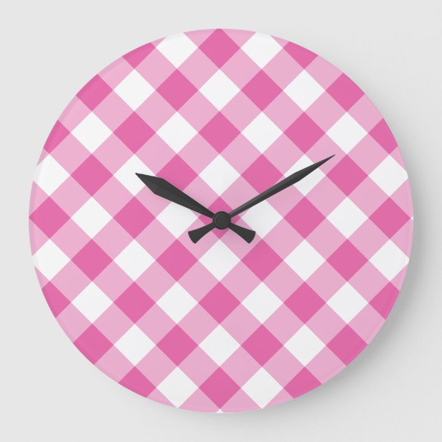 Reloj de pared redonda: rosa, blanco Check Gingham (Anverso)