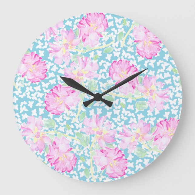 Reloj de pared redonda, rosas rosadas, mariposas b (Anverso)