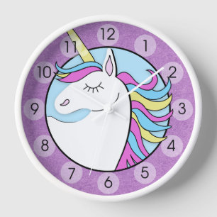Reloj de pared redondeada púrpura con unicornio ar