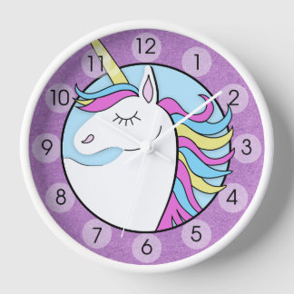 Reloj de pared redondeada púrpura con unicornio ar