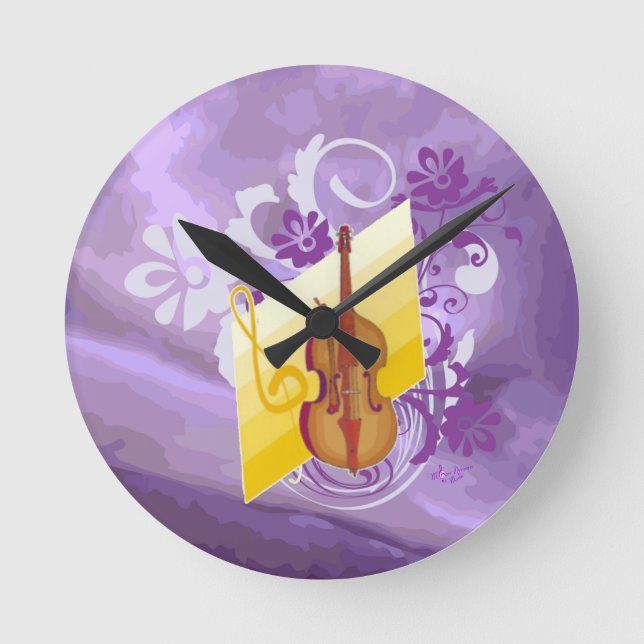 Reloj de pared redondeado medio violín floral gira (Anverso)