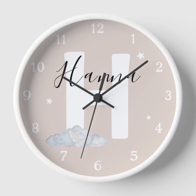 Reloj de pared redondo blanco con marco de madera  (Anverso)
