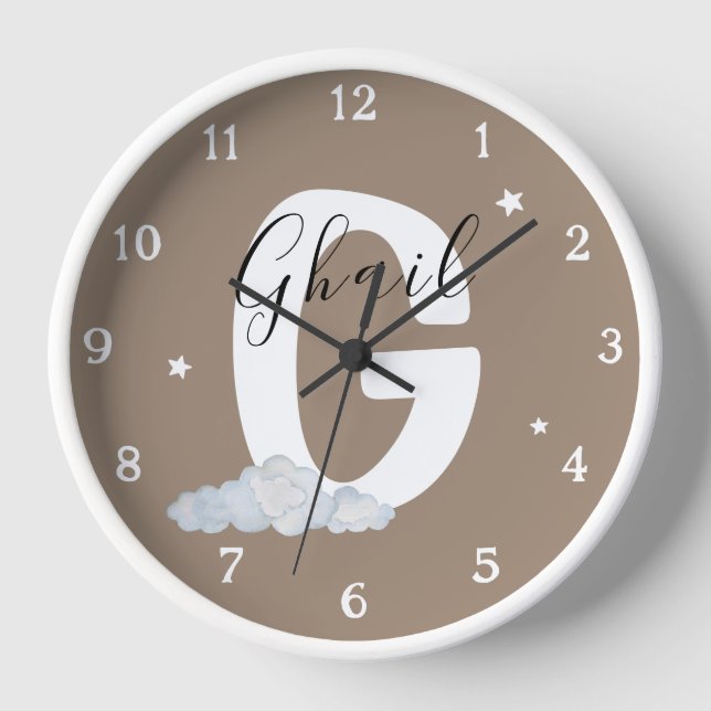 Reloj de pared redondo blanco con marco de madera  (Anverso)