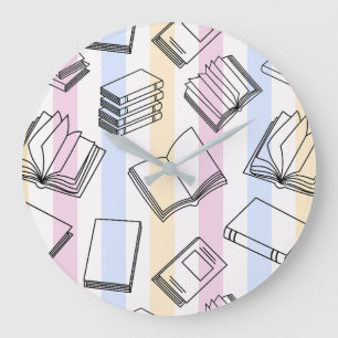 Reloj de pared redondo con patrón de libro pastel