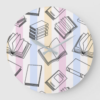 Reloj de pared redondo con patrón de libro pastel