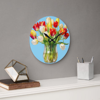 Reloj de pared redondo con ramo floral de tulipane