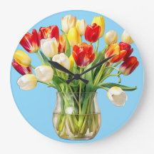 Reloj de pared redondo con ramo floral de tulipane
