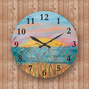 Reloj de pared redondo de pintura de playa al atar