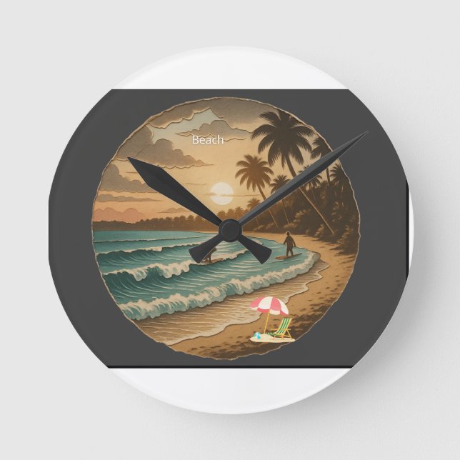 Reloj de pared redondo de puesta de sol en playa t (Anverso)