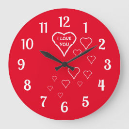 Reloj de pared rojo con corazones blancos
