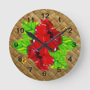 Reloj de pared rojo de Lauhala del hibisco