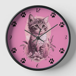 Reloj de pared rosa gatito lindo con pata de gato 