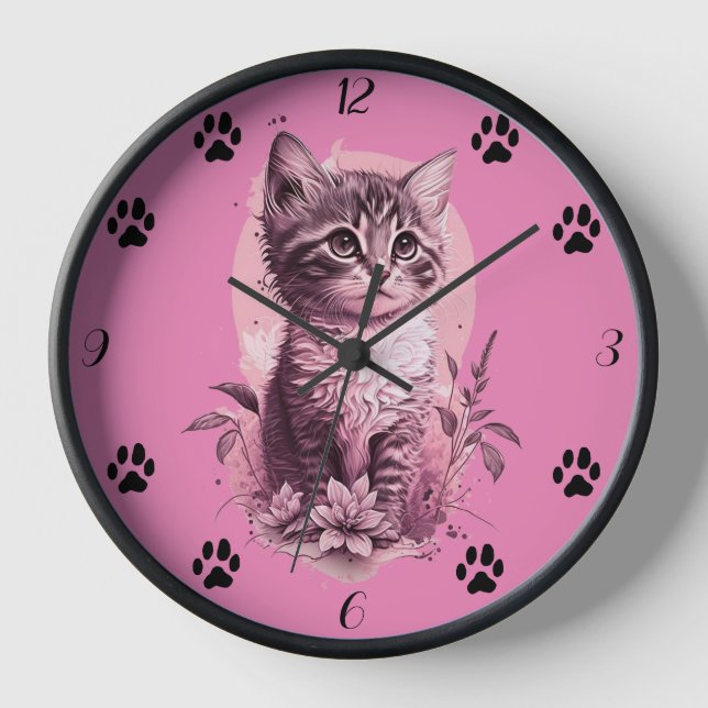 Reloj de pared rosa gatito lindo con pata de gato  (Anverso)