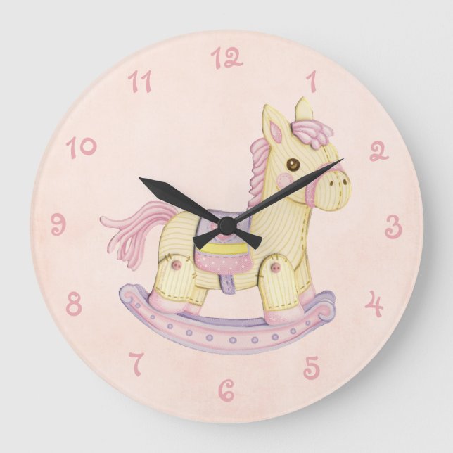 Reloj de pared rosado del caballo mecedora (Anverso)
