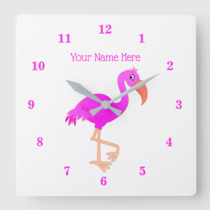 Reloj de pared rosado Flamingo con nombre de texto