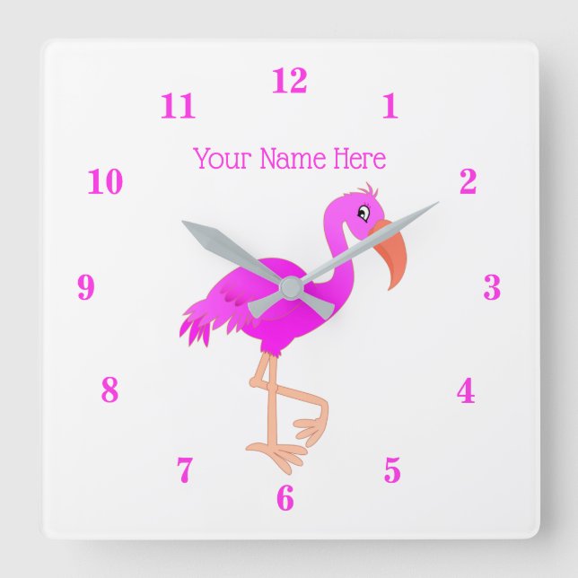 Reloj de pared rosado Flamingo con nombre de texto (Anverso)