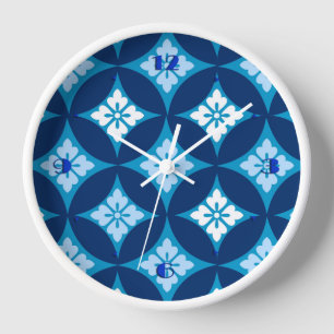 Reloj De Pared Shippo con motivos florales, azul índigo y blanco