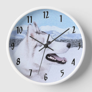 Reloj De Pared Siberian Husky (Silver and White) Painting Dog Art