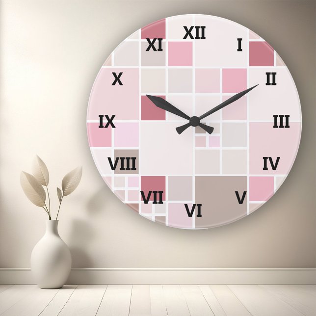 Reloj de pared transparente rosado (Modern wall clock featuring a checkered pattern in pastel peach, blush pink and sandy brown)