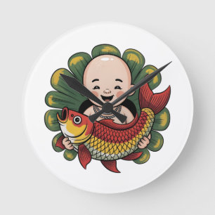 Reloj de pared Un chico lindo con un Koi afortun