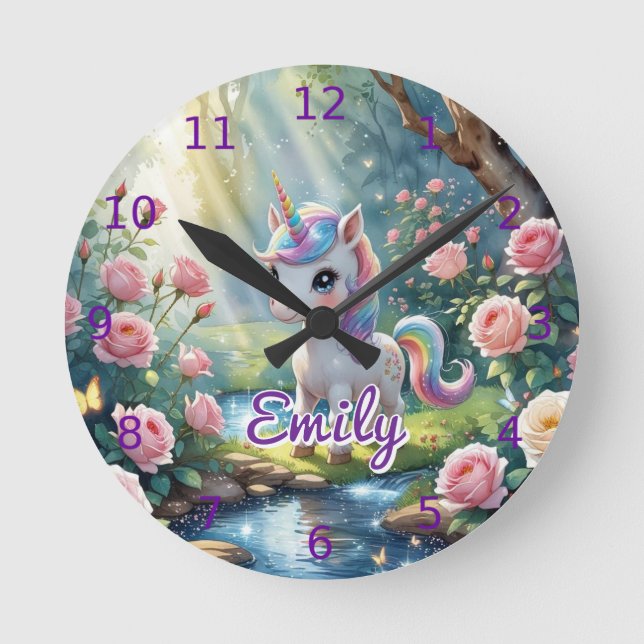 Reloj de pared unicornio de nombre personalizado – (Anverso)