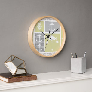 Reloj De Pared Vane del clima de peces náutico amarillo y gris