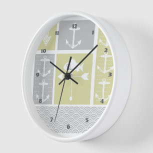 Reloj De Pared Veleta de pez de ancla gris y amarillo náutico