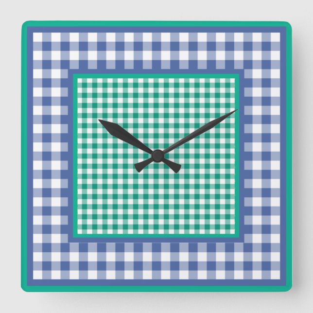 Reloj de pared, verde esmeralda y azul de Gingham (Anverso)