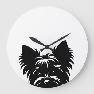 Reloj de pared Yorkie negro y blanco asomándose