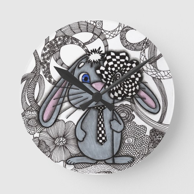 Reloj de pared Zen Doodle de conejo Bunny dibujado (Anverso)