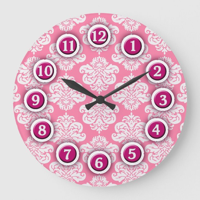 Reloj de patrón de damasco rosa y blanco (Anverso)