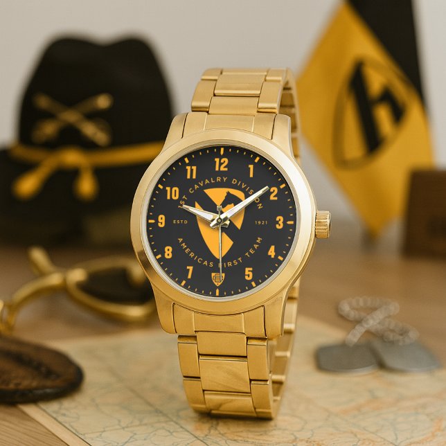 Reloj De Pulsera 1ª División de Caballería "El Primer Equipo de Amé (1st Cavalry Division "America's First Team" Tribute Gold Stainless Steel Watch)
