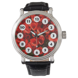 Reloj De Pulsera 12 puntos - cama de tulipanes rojos