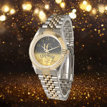 Reloj De Pulsera 16.º cumpleaños nombre de oro negro arco elegante<br><div class="desc">Elegante, clásico, glamuroso y femenino. Una imitación de un arco y una cinta doradas, un poco de ostentación y lujo para un regalo de cumpleaños o un placer. Fondo negro. Plantillas para su nombre, y edad 16. El nombre está escrito con una escritura de estilo con letras a mano moderna....</div>