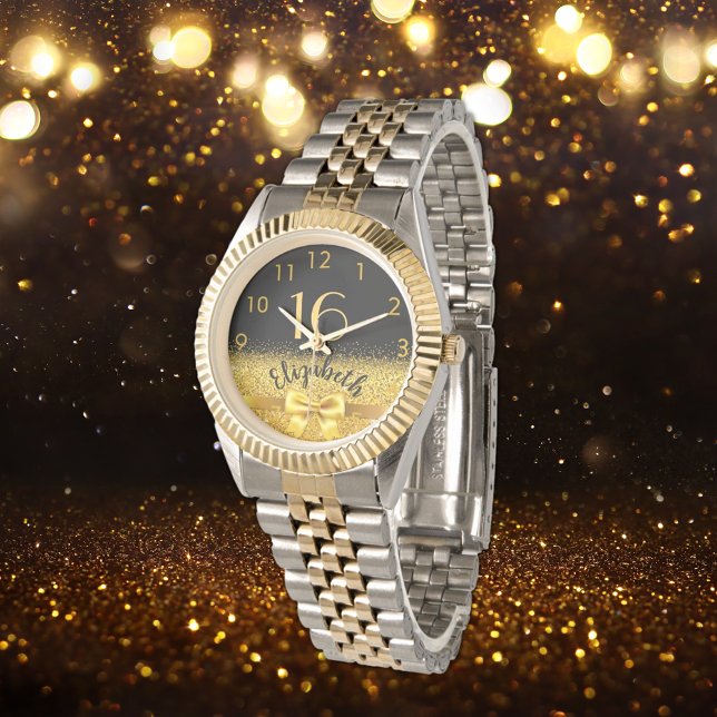 Reloj De Pulsera 16.º cumpleaños nombre de oro negro arco elegante (Subido por el creador)