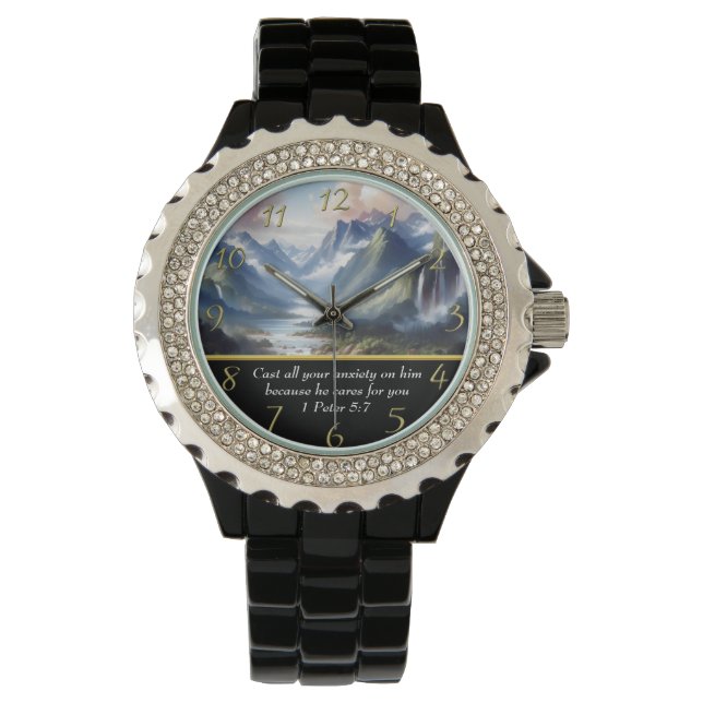 Reloj De Pulsera 1 Pedro 5:7 lago de montaña (Anverso)